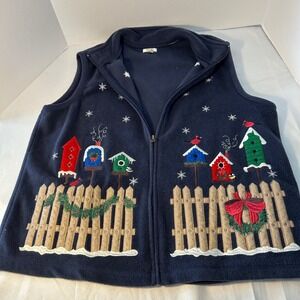 Baxter‎ & Wells Womens Fleece Vest Blue Birdhouse Winter Snowflake Christmas XL
